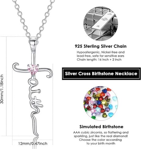 Silver Cross Necklace for Women Girls, Sterling Silver Chain Birthstone Faith Cross Pendant Necklaces Christmas Christian Religious Birthday Gifts for Her, with Gifts Box in Saudi Arabia