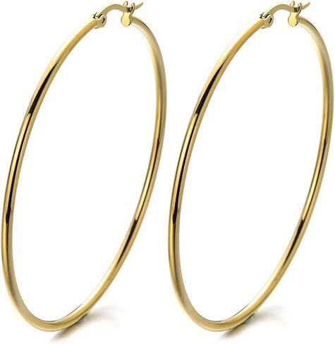 Pair Stainless Steel Large Plain Circle Huggie Hinged Hoop Earrings for Women in Saudi Arabia