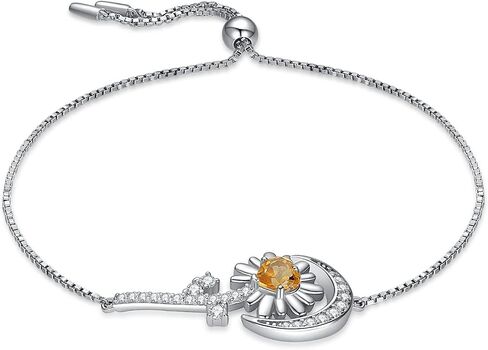 JewelryPalace Sunflower Heart Genuine Citrine Adjustable Link Bolo Bracelet for Women, Daisy Flower Sun Moon 14k White Gold Plated 925 Sterling Silver Bracelet for Girl, Natural Gemstone Jewelry Set in Saudi Arabia