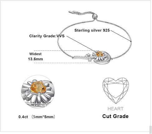 JewelryPalace Sunflower Heart Genuine Citrine Adjustable Link Bolo Bracelet for Women, Daisy Flower Sun Moon 14k White Gold Plated 925 Sterling Silver Bracelet for Girl, Natural Gemstone Jewelry Set in Saudi Arabia