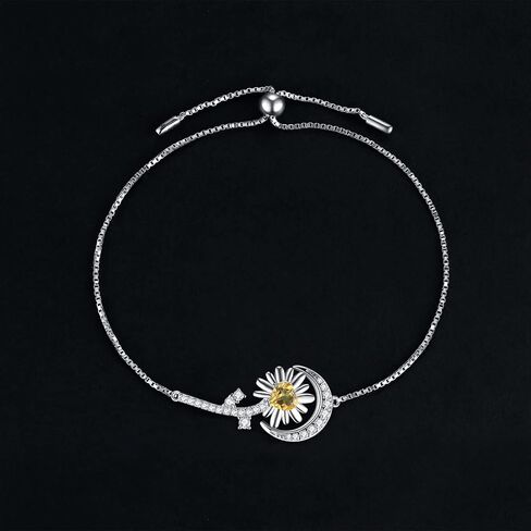 JewelryPalace Sunflower Heart Genuine Citrine Adjustable Link Bolo Bracelet for Women, Daisy Flower Sun Moon 14k White Gold Plated 925 Sterling Silver Bracelet for Girl, Natural Gemstone Jewelry Set in Saudi Arabia