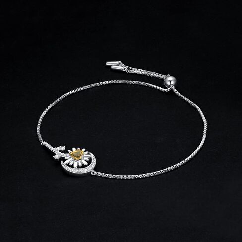 JewelryPalace Sunflower Heart Genuine Citrine Adjustable Link Bolo Bracelet for Women, Daisy Flower Sun Moon 14k White Gold Plated 925 Sterling Silver Bracelet for Girl, Natural Gemstone Jewelry Set in Saudi Arabia