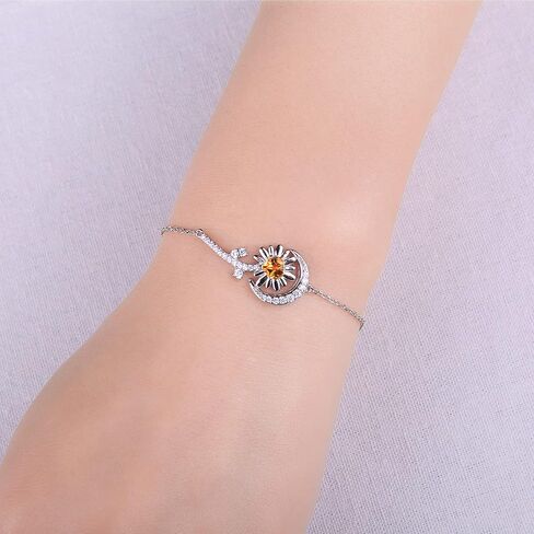 JewelryPalace Sunflower Heart Genuine Citrine Adjustable Link Bolo Bracelet for Women, Daisy Flower Sun Moon 14k White Gold Plated 925 Sterling Silver Bracelet for Girl, Natural Gemstone Jewelry Set in Saudi Arabia