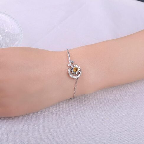 JewelryPalace Sunflower Heart Genuine Citrine Adjustable Link Bolo Bracelet for Women, Daisy Flower Sun Moon 14k White Gold Plated 925 Sterling Silver Bracelet for Girl, Natural Gemstone Jewelry Set in Saudi Arabia