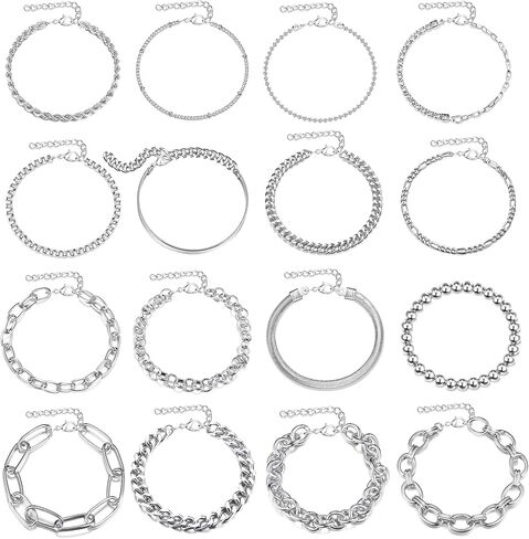 مجموعة أساور سلسلة ذهبية وفضية 16 قطعة من Sanfenly للنساء، مطلية بالذهب عيار 14 قيراط، أساور سلسلة كابل كوبية مكتنزة مطرزة بطبقات قابلة للتعديل، أساور مجوهرات قابلة للتكديس in Kuwait