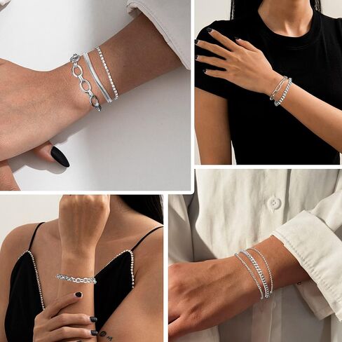 مجموعة أساور سلسلة ذهبية وفضية 16 قطعة من Sanfenly للنساء، مطلية بالذهب عيار 14 قيراط، أساور سلسلة كابل كوبية مكتنزة مطرزة بطبقات قابلة للتعديل، أساور مجوهرات قابلة للتكديس in Kuwait