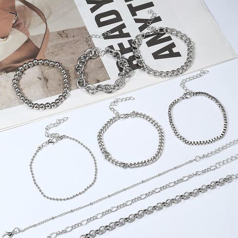 مجموعة أساور سلسلة ذهبية وفضية 16 قطعة من Sanfenly للنساء، مطلية بالذهب عيار 14 قيراط، أساور سلسلة كابل كوبية مكتنزة مطرزة بطبقات قابلة للتعديل، أساور مجوهرات قابلة للتكديس in Kuwait