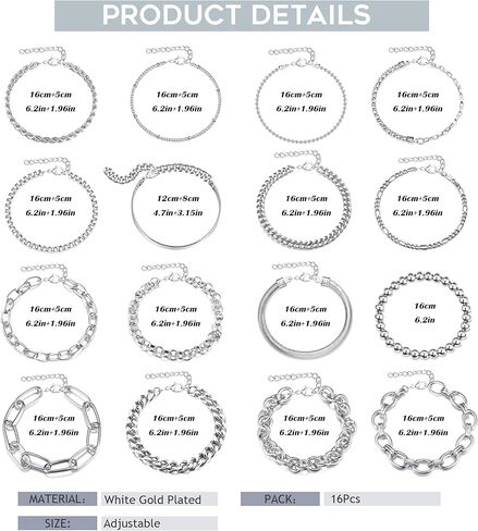 مجموعة أساور سلسلة ذهبية وفضية 16 قطعة من Sanfenly للنساء، مطلية بالذهب عيار 14 قيراط، أساور سلسلة كابل كوبية مكتنزة مطرزة بطبقات قابلة للتعديل، أساور مجوهرات قابلة للتكديس in Kuwait