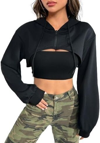 WDIRARA Women's Long Sleeve Super Crop Top Hoodies Drop Shoulder Zipper Front Drawstring Sexy Rave Hip Hop Sweatshirt in Saudi Arabia