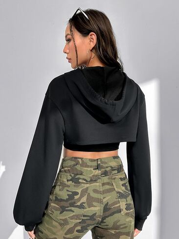WDIRARA Women's Long Sleeve Super Crop Top Hoodies Drop Shoulder Zipper Front Drawstring Sexy Rave Hip Hop Sweatshirt in Saudi Arabia