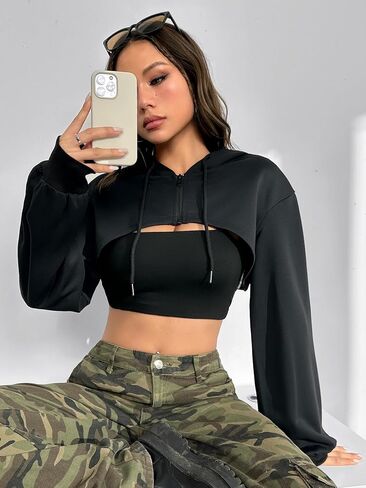 WDIRARA Women's Long Sleeve Super Crop Top Hoodies Drop Shoulder Zipper Front Drawstring Sexy Rave Hip Hop Sweatshirt in Saudi Arabia
