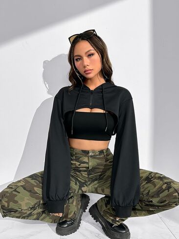 WDIRARA Women's Long Sleeve Super Crop Top Hoodies Drop Shoulder Zipper Front Drawstring Sexy Rave Hip Hop Sweatshirt in Saudi Arabia