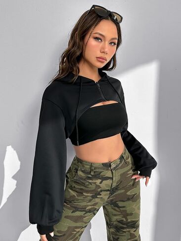 WDIRARA Women's Long Sleeve Super Crop Top Hoodies Drop Shoulder Zipper Front Drawstring Sexy Rave Hip Hop Sweatshirt in Saudi Arabia