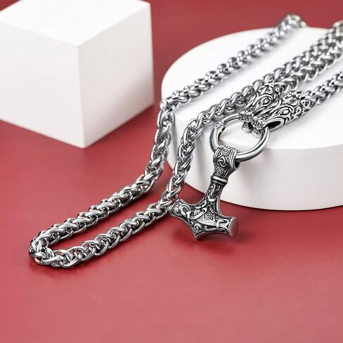 FaithHeart Men Punk Norse Viking Necklace Chunky Necklace, Stainless Steel Mjolnir/Celtic Knot Wolf Head Chain Pendant Amulet Jewelry Gift Packaging in Kuwait