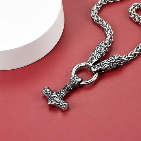 FaithHeart Men Punk Norse Viking Necklace Chunky Necklace, Stainless Steel Mjolnir/Celtic Knot Wolf Head Chain Pendant Amulet Jewelry Gift Packaging in Kuwait