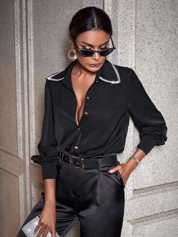 SweatyRocks Women's Long Sleeve Button Down Shirt Casual Rhinestone Collar Blouse Top in Saudi Arabia