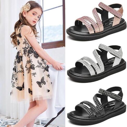 DADAWEN صنادل رياضية صيفية للفتيات من حجر الراين اللامعة مفتوحة عند الأصابع (طفل صغير/طفل صغير/طفل كبير) in Kuwait