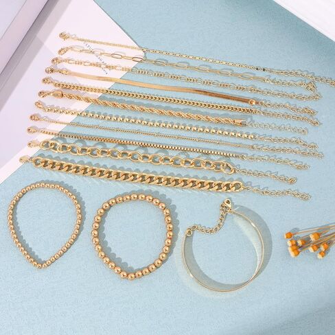 FINZOR 14Pcs Gold Chain Bracelet Sets for Women Dainty Link Paperclip Bracelets Stake Adjustable Layered Link Bracelet Jewelry in Kuwait