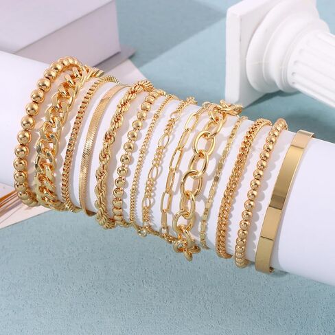 FINZOR 14Pcs Gold Chain Bracelet Sets for Women Dainty Link Paperclip Bracelets Stake Adjustable Layered Link Bracelet Jewelry in Kuwait