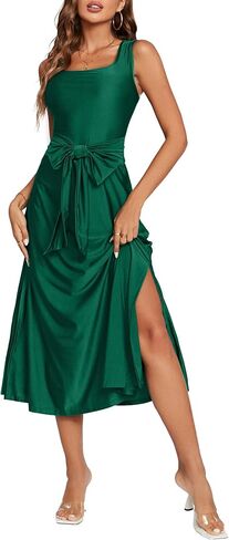 Vrtige Women's Satin Square Neck Sleeveles Tie Waist Split Side A-Line Flowy Cocktail Midi Dress in Saudi Arabia