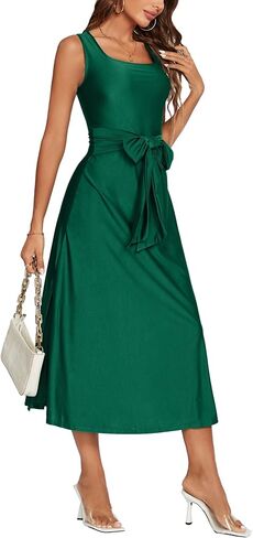 Vrtige Women's Satin Square Neck Sleeveles Tie Waist Split Side A-Line Flowy Cocktail Midi Dress in Saudi Arabia