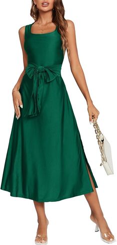 Vrtige Women's Satin Square Neck Sleeveles Tie Waist Split Side A-Line Flowy Cocktail Midi Dress in Saudi Arabia