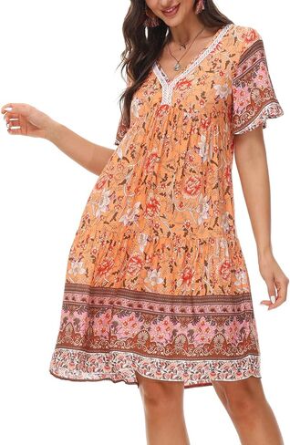 Women's Dress Summer Floral Print Short Sleeve V Neck Beach Swimsuit Cover Ups Casual Boho Swing Loose Vacation Dress in Kuwait