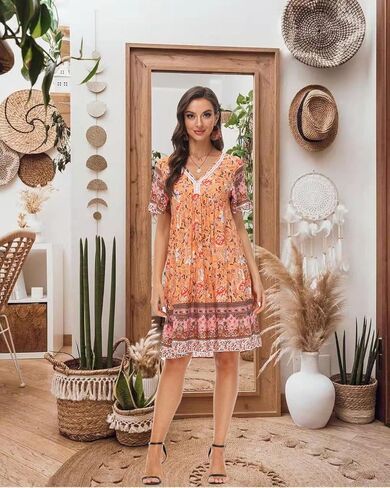 Women's Dress Summer Floral Print Short Sleeve V Neck Beach Swimsuit Cover Ups Casual Boho Swing Loose Vacation Dress in Kuwait