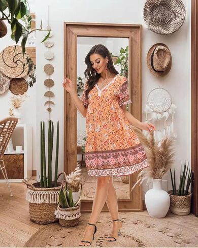 Women's Dress Summer Floral Print Short Sleeve V Neck Beach Swimsuit Cover Ups Casual Boho Swing Loose Vacation Dress in Kuwait