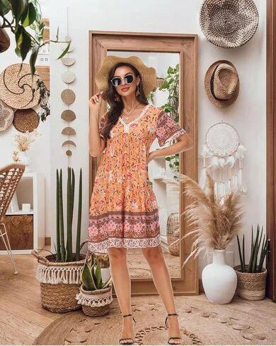 Women's Dress Summer Floral Print Short Sleeve V Neck Beach Swimsuit Cover Ups Casual Boho Swing Loose Vacation Dress in Kuwait