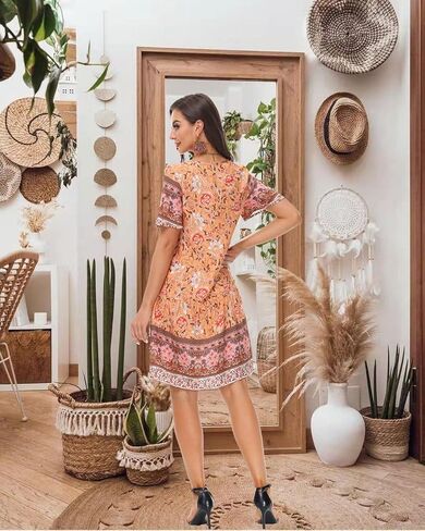 Women's Dress Summer Floral Print Short Sleeve V Neck Beach Swimsuit Cover Ups Casual Boho Swing Loose Vacation Dress in Kuwait