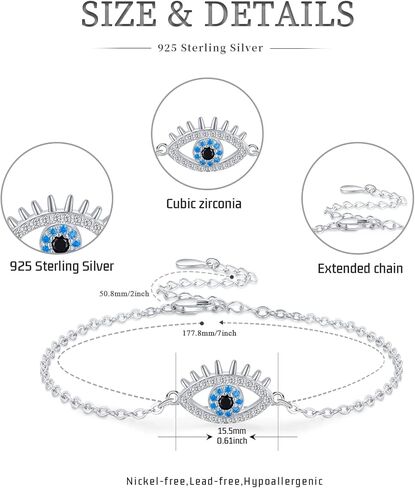 سوار العين الشريرة 925 الفضة الاسترليني الأزرق الشر العين سحر سوار الشر المجوهرات هدايا للنساء، الفضة الاسترليني ، زركونيا مكعب, فضة استرليني, زركونيا مكعب in Kuwait