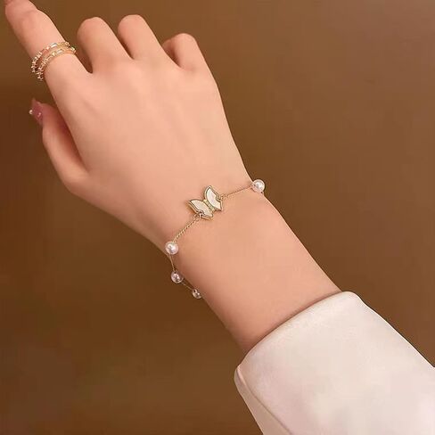 SMUOBT Gold Pearl Butterfly Bracelet for Women,Hypoallergenic Trendy Jewelry Accessories Gift for Women Valentine's Day Birthday Christmas, Metal, no gemstone in Kuwait
