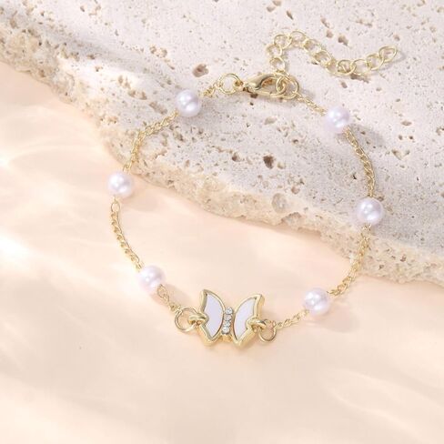 SMUOBT Gold Pearl Butterfly Bracelet for Women,Hypoallergenic Trendy Jewelry Accessories Gift for Women Valentine's Day Birthday Christmas, Metal, no gemstone in Kuwait