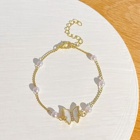 SMUOBT Gold Pearl Butterfly Bracelet for Women,Hypoallergenic Trendy Jewelry Accessories Gift for Women Valentine's Day Birthday Christmas, Metal, no gemstone in Kuwait
