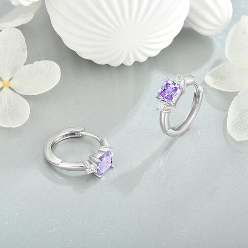 925 Sterling Silver Hoop Earrings for Women, 5x5MM Square Cut Birthstone Huggie Earrings, 18K White Gold Plated Jewelry for Women in Saudi Arabia