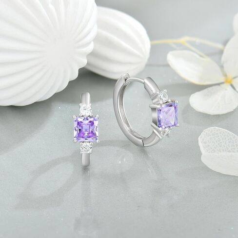 925 Sterling Silver Hoop Earrings for Women, 5x5MM Square Cut Birthstone Huggie Earrings, 18K White Gold Plated Jewelry for Women in Saudi Arabia