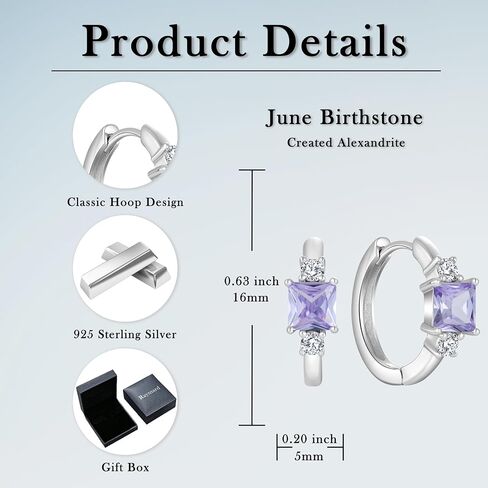 925 Sterling Silver Hoop Earrings for Women, 5x5MM Square Cut Birthstone Huggie Earrings, 18K White Gold Plated Jewelry for Women in Saudi Arabia