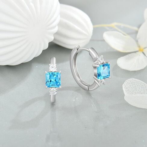 925 Sterling Silver Hoop Earrings for Women, 5x5MM Square Cut Birthstone Huggie Earrings, 18K White Gold Plated Jewelry for Women in Saudi Arabia