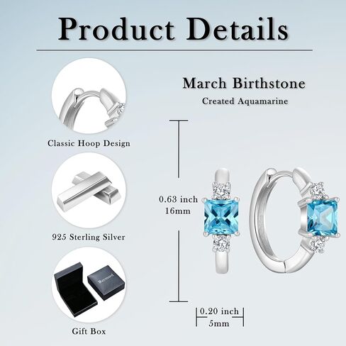925 Sterling Silver Hoop Earrings for Women, 5x5MM Square Cut Birthstone Huggie Earrings, 18K White Gold Plated Jewelry for Women in Saudi Arabia