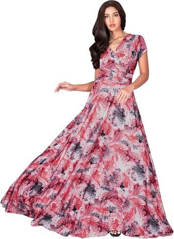 KOH KOH Womens Long Cap Sleeves Floral Print V-Neck Summer Sundress Maxi Dress in Saudi Arabia