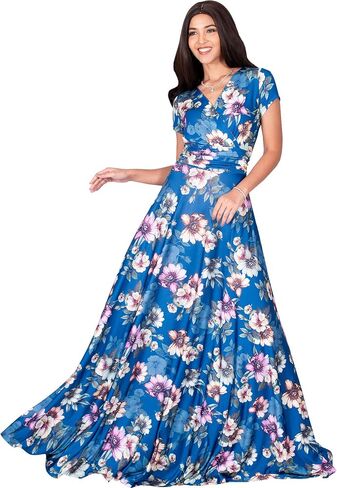 KOH KOH Womens Long Cap Sleeves Floral Print V-Neck Summer Sundress Maxi Dress in Saudi Arabia