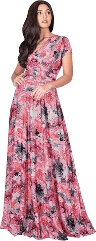 KOH KOH Womens Long Cap Sleeves Floral Print V-Neck Summer Sundress Maxi Dress in Saudi Arabia