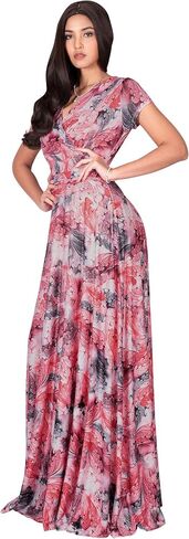 KOH KOH Womens Long Cap Sleeves Floral Print V-Neck Summer Sundress Maxi Dress in Saudi Arabia