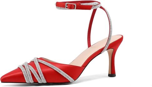 Women Pump Sandals,2.75" Stiletto Heel,Ankle Strap Buckle,Satin Upper Sparkly Crystal Rhinestones,Pointed Toe,Summer Bridal,Party,Street in Kuwait
