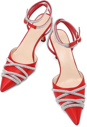 Women Pump Sandals,2.75" Stiletto Heel,Ankle Strap Buckle,Satin Upper Sparkly Crystal Rhinestones,Pointed Toe,Summer Bridal,Party,Street in Kuwait