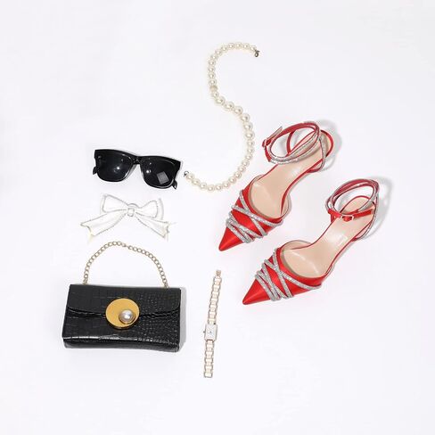 Women Pump Sandals,2.75" Stiletto Heel,Ankle Strap Buckle,Satin Upper Sparkly Crystal Rhinestones,Pointed Toe,Summer Bridal,Party,Street in Kuwait