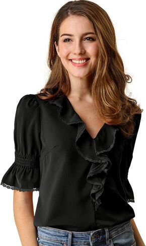Allegra K Women's Ruffle V Neck Puff Sleeve Blouse Summer Vintage Casual Chiffon Peasant Top in Saudi Arabia
