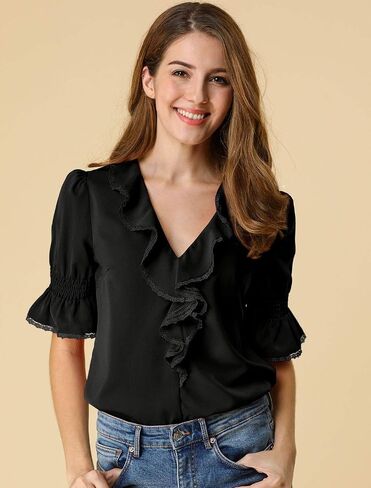 Allegra K Women's Ruffle V Neck Puff Sleeve Blouse Summer Vintage Casual Chiffon Peasant Top in Saudi Arabia