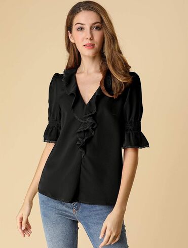 Allegra K Women's Ruffle V Neck Puff Sleeve Blouse Summer Vintage Casual Chiffon Peasant Top in Saudi Arabia
